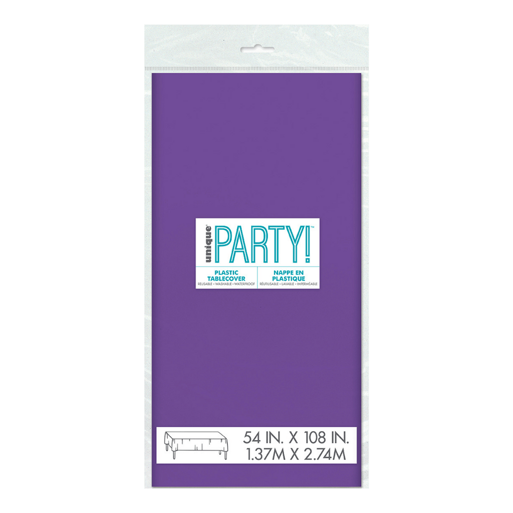 Purple plastic tablecover in packaging for birthday theme from Parte Haus party supply store in Bethesda Maryland