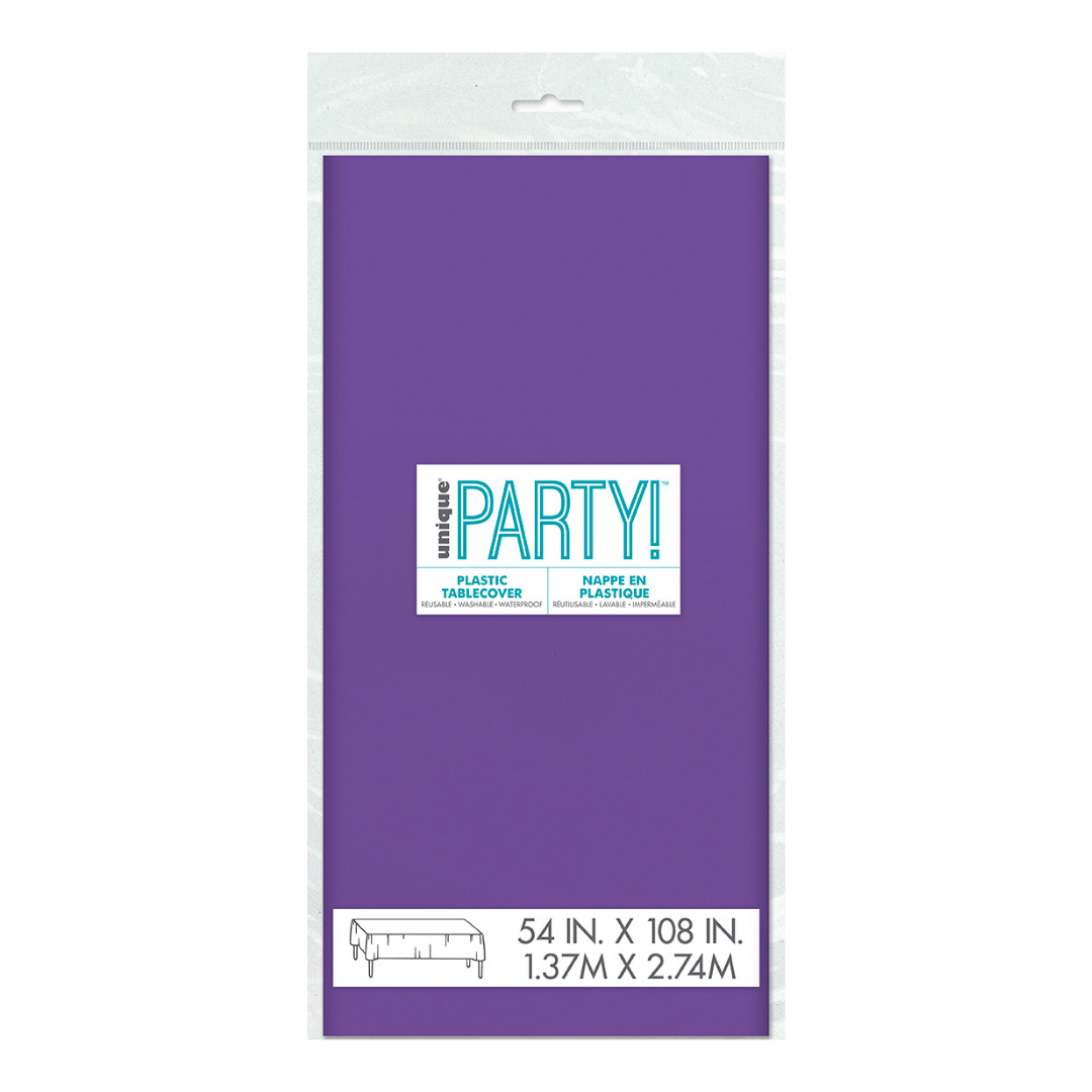 Purple plastic tablecover in packaging for birthday theme from Parte Haus party supply store in Bethesda Maryland