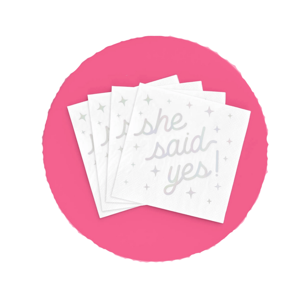 White she said yes napkins for engagement theme from Parte Haus party supply store in Bethesda Maryland