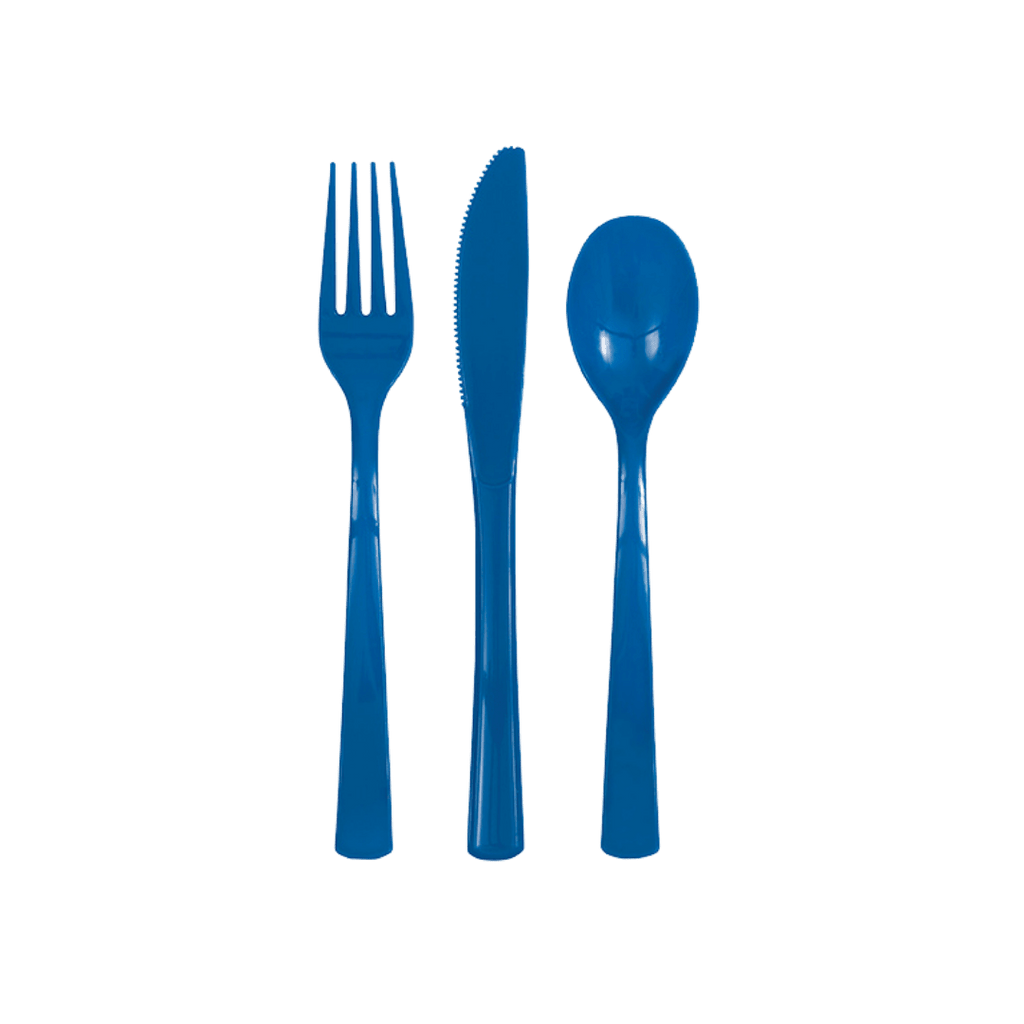 Blue plastic cutlery set with fork knife and spoon from Parte Haus party supply store in Bethesda Maryland
