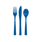 Blue plastic cutlery set with fork knife and spoon from Parte Haus party supply store in Bethesda Maryland