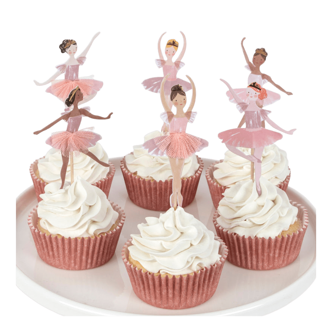 Pink ballerina cupcake toppers on cupcakes ballet birthday theme from Parte Haus party supply store in Bethesda MD
