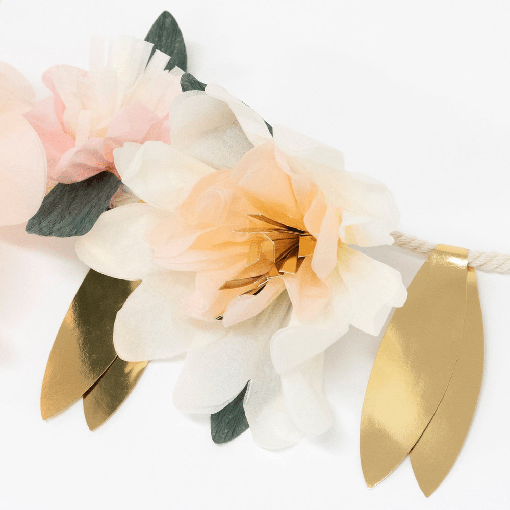 Blush and gold flower garland with metallic leaves for spring from Parte Haus party supply store in Bethesda MD
