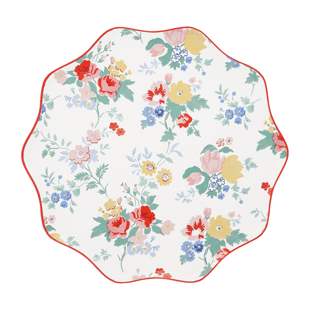 Multicolor floral scalloped plate with red yellow and blue flowers for spring from Parte Haus party supply store in Bethesda MD