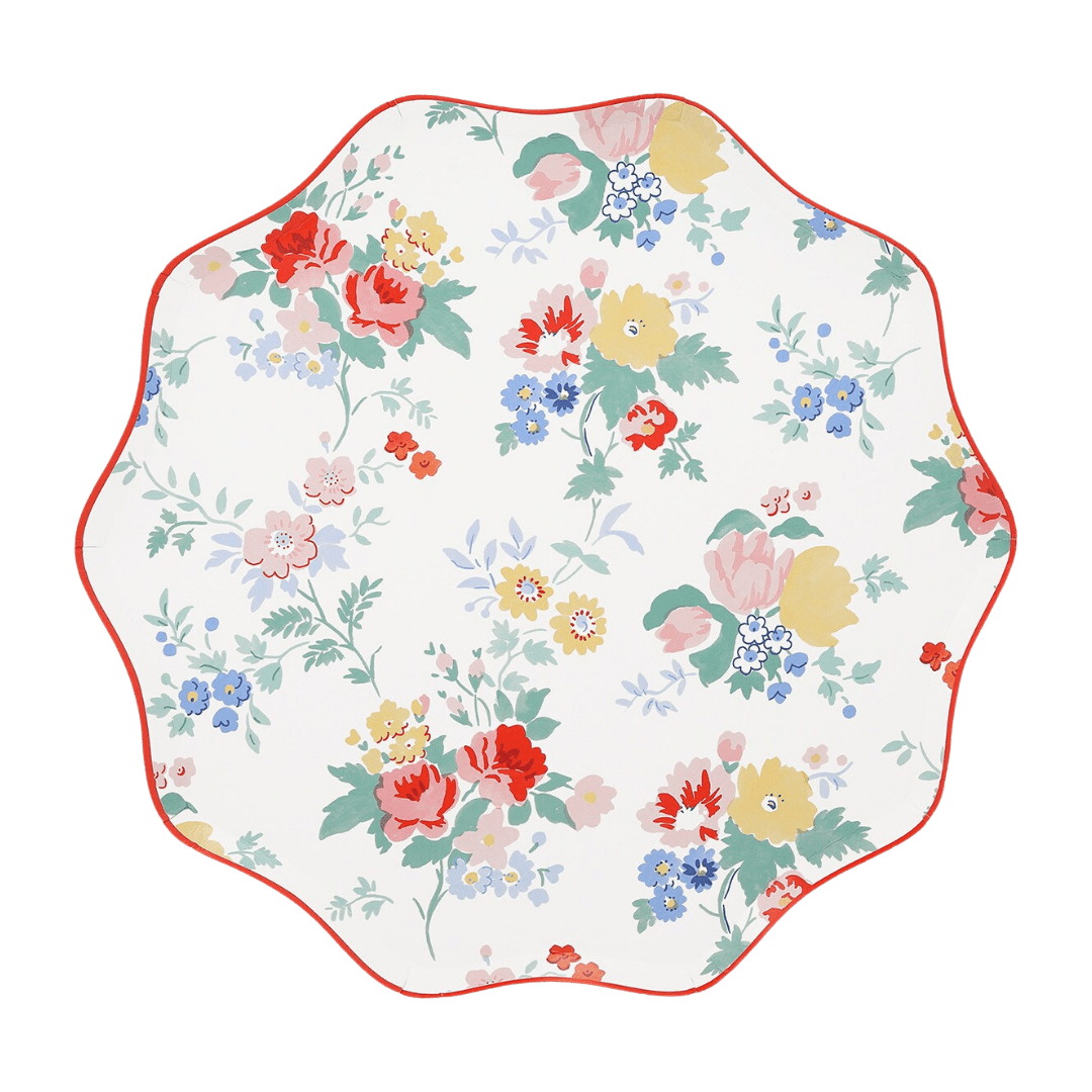 Multicolor floral scalloped plate with red yellow and blue flowers for spring from Parte Haus party supply store in Bethesda MD