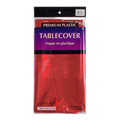 Red plastic tablecover in packaging for birthday theme from Parte Haus party supply store in Bethesda MD