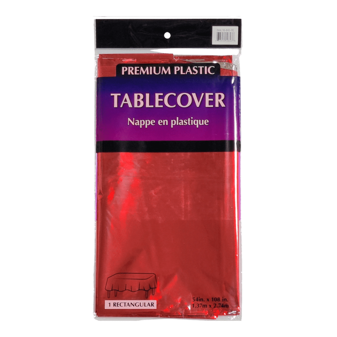 Red plastic tablecover in packaging for birthday theme from Parte Haus party supply store in Bethesda MD