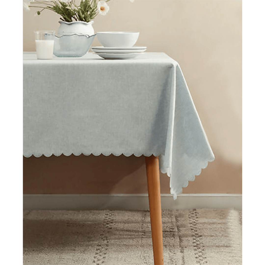 Light blue tablecloth with scalloped edge modern decor from Parte Haus party supply store in Bethesda Maryland