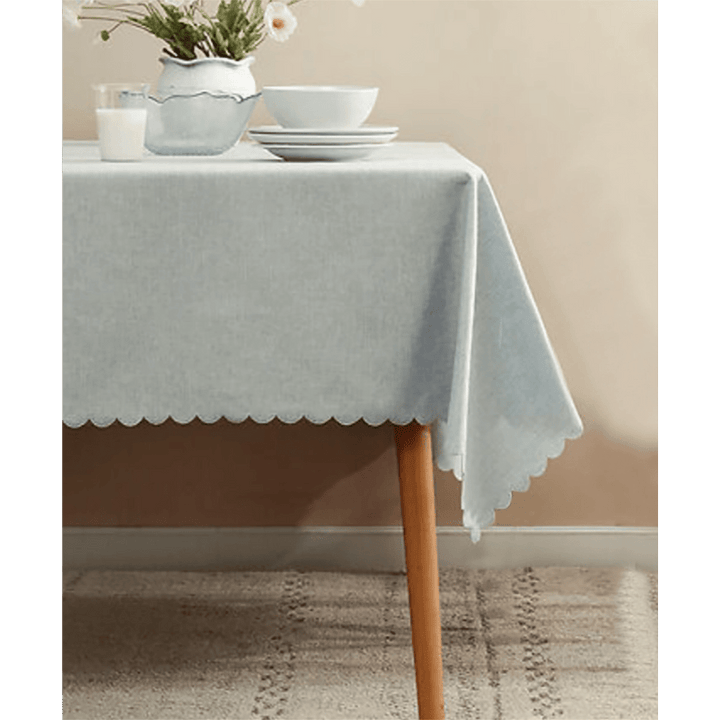 Light Blue Scalloped Border Wrinkle-Free Tablecloth
