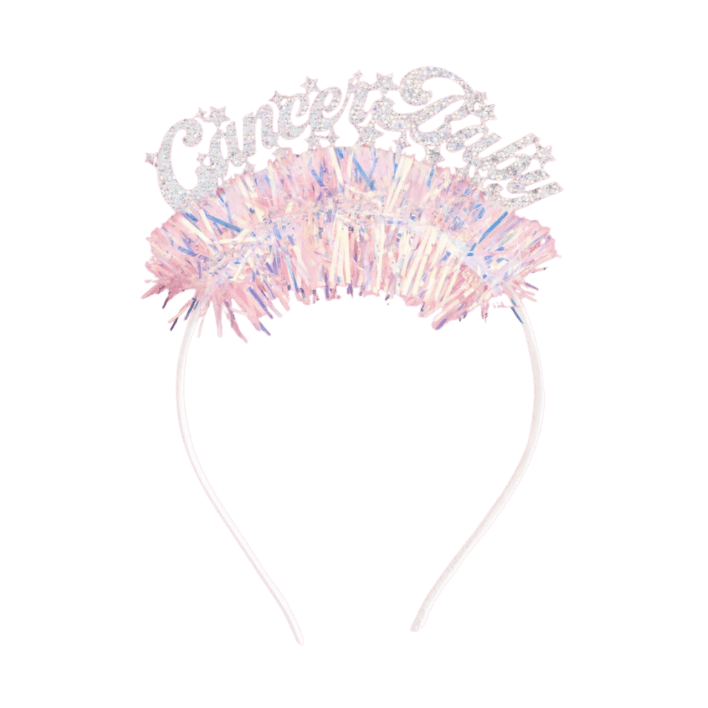Pink glitter Cancer Baby headband with fluffy tinsel zodiac birthday from Parte Haus party supply store in Bethesda Maryland