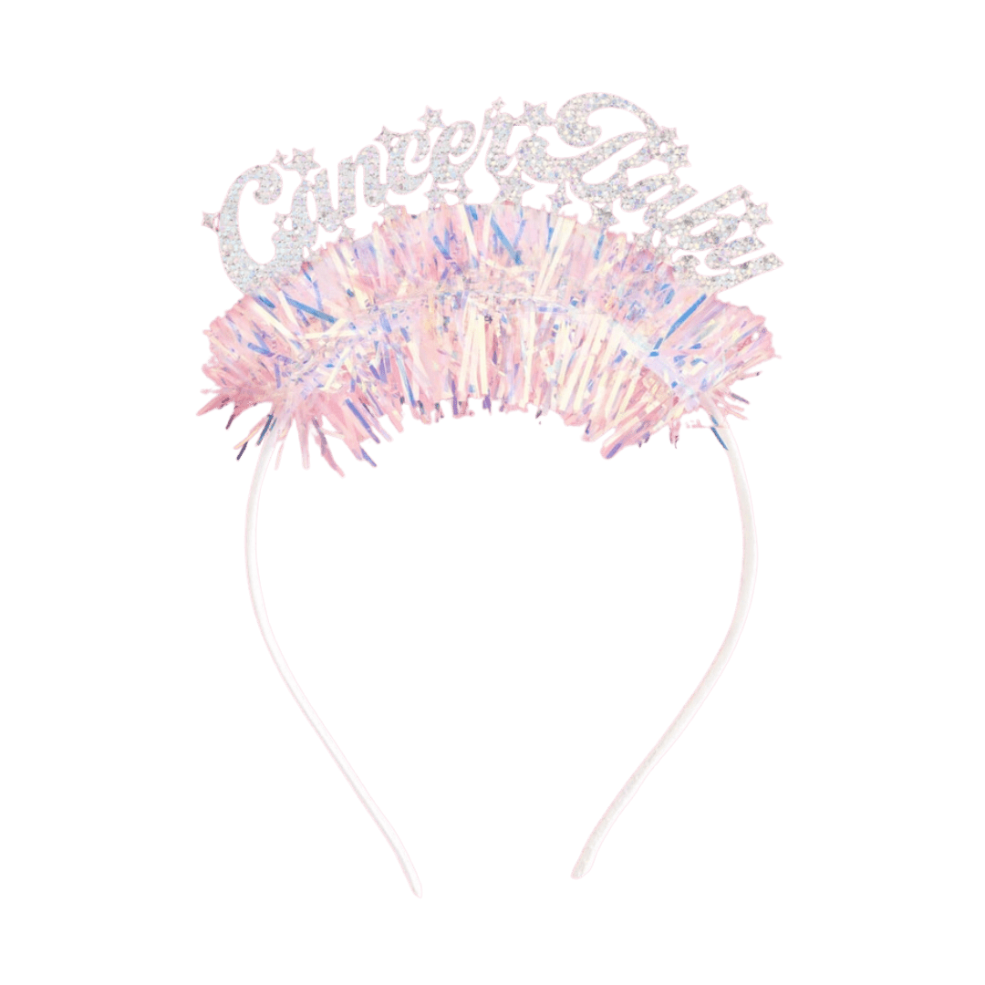 Pink glitter Cancer Baby headband with fluffy tinsel zodiac birthday from Parte Haus party supply store in Bethesda Maryland