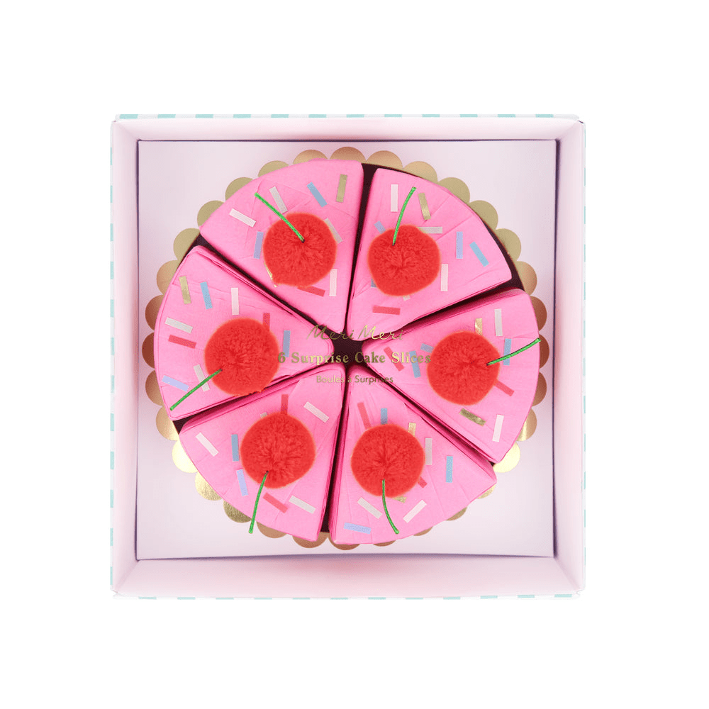 Pink cake slice gift boxes with cherry toppers birthday theme from Parte Haus party supply store in Bethesda MD