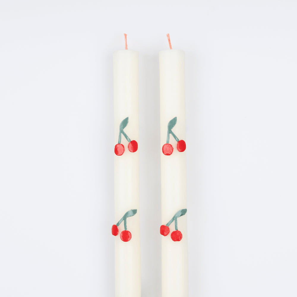 White cherry print taper candles with red cherries for summer occasions from Parte Haus party supply store in Bethesda MD