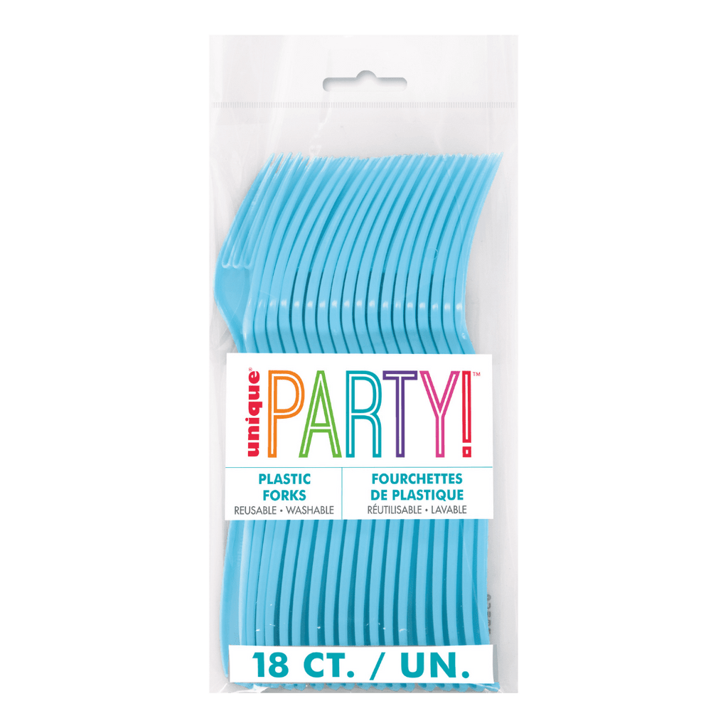 Blue plastic forks in clear packaging for birthday from Parte Haus party supply store in Bethesda Maryland.