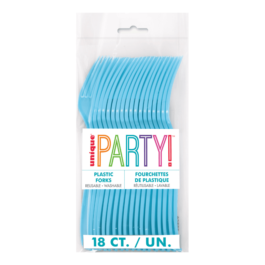 Blue plastic forks in clear packaging for birthday from Parte Haus party supply store in Bethesda Maryland.