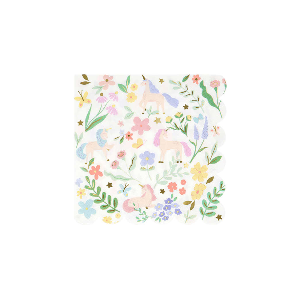 Pastel unicorn napkin with flowers and butterflies for birthday from Parte Haus party supply store in Bethesda Maryland