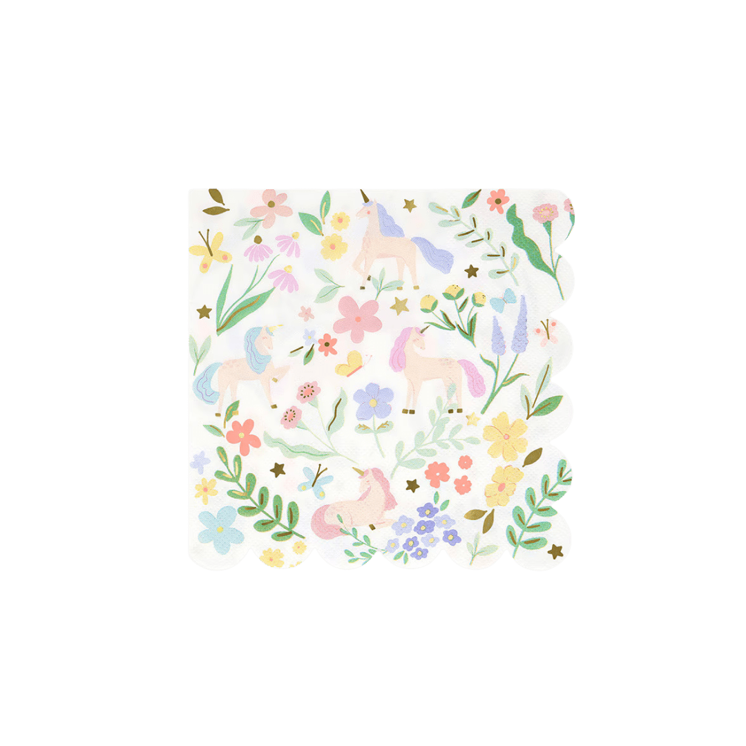 Pastel unicorn napkin with flowers and butterflies for birthday from Parte Haus party supply store in Bethesda Maryland