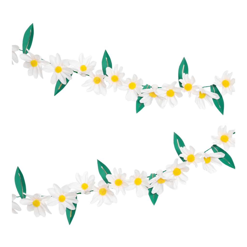 white and yellow daisy flower garland with green leaves spring decor from Parte Haus party supply store in Bethesda MD