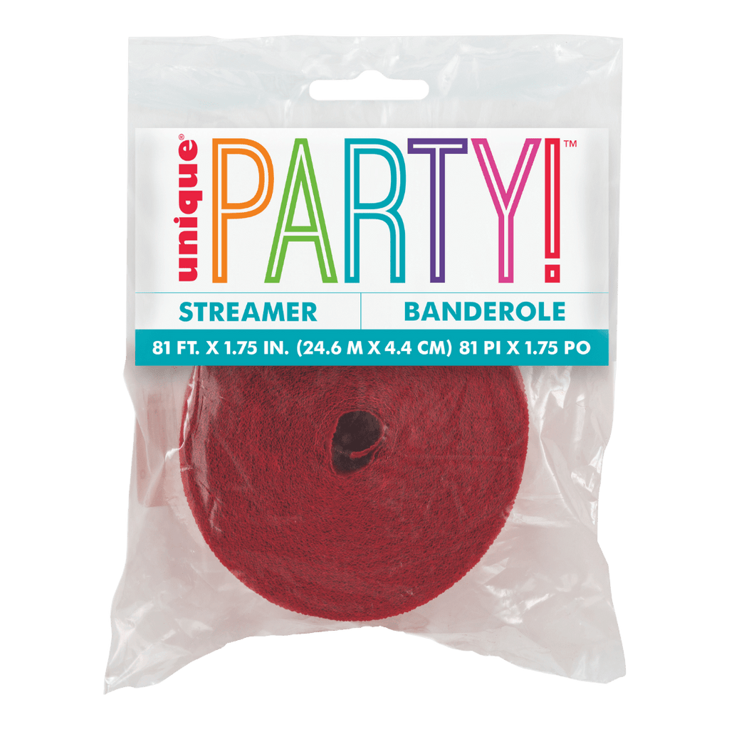 Red streamer roll for party celebrations from Parte Haus party supply store in Bethesda Maryland