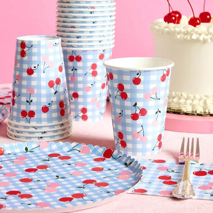 Blue cherry gingham paper cups and plates summer picnic design from Parte Haus party supply store in Bethesda MD