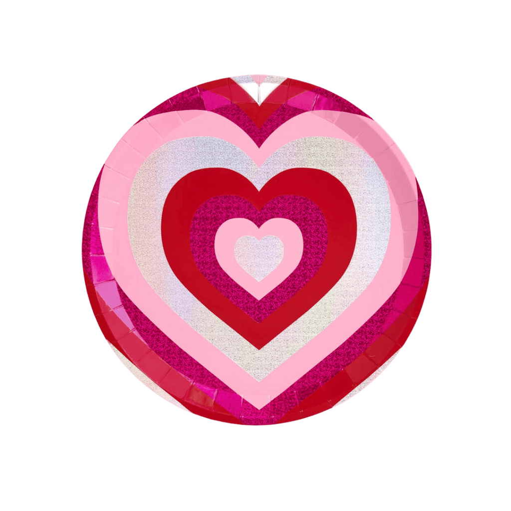 Pink red heart-shaped paper plate Valentine theme from Parte Haus party supply store in Bethesda Maryland