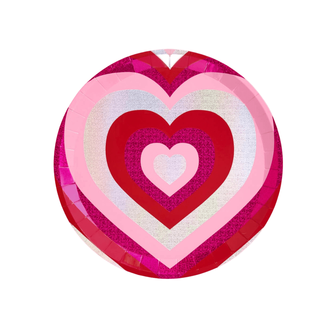 Pink red heart-shaped paper plate Valentine theme from Parte Haus party supply store in Bethesda Maryland