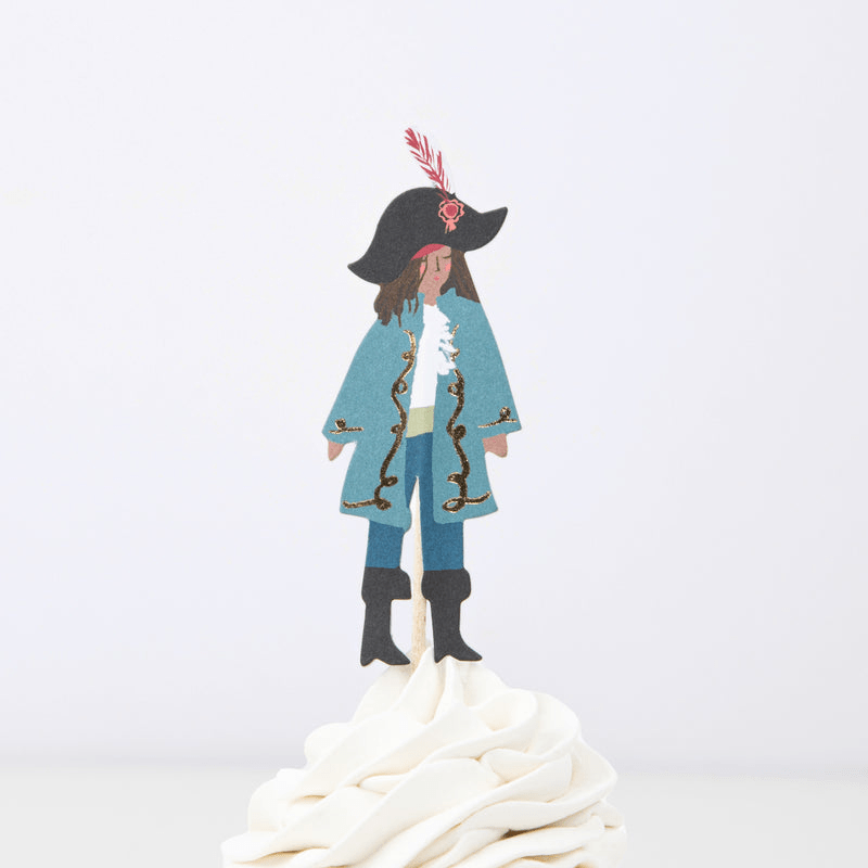 Blue pirate cupcake topper featuring hat and feather for birthday theme from Parte Haus party supply store in Bethesda MD.