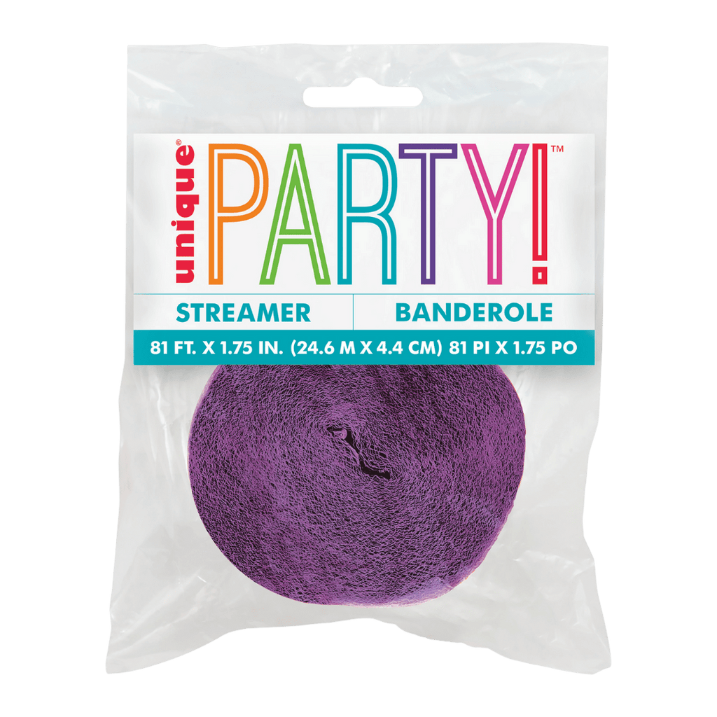 Purple streamer roll for celebration decor from Parte Haus party supply store in Bethesda Maryland