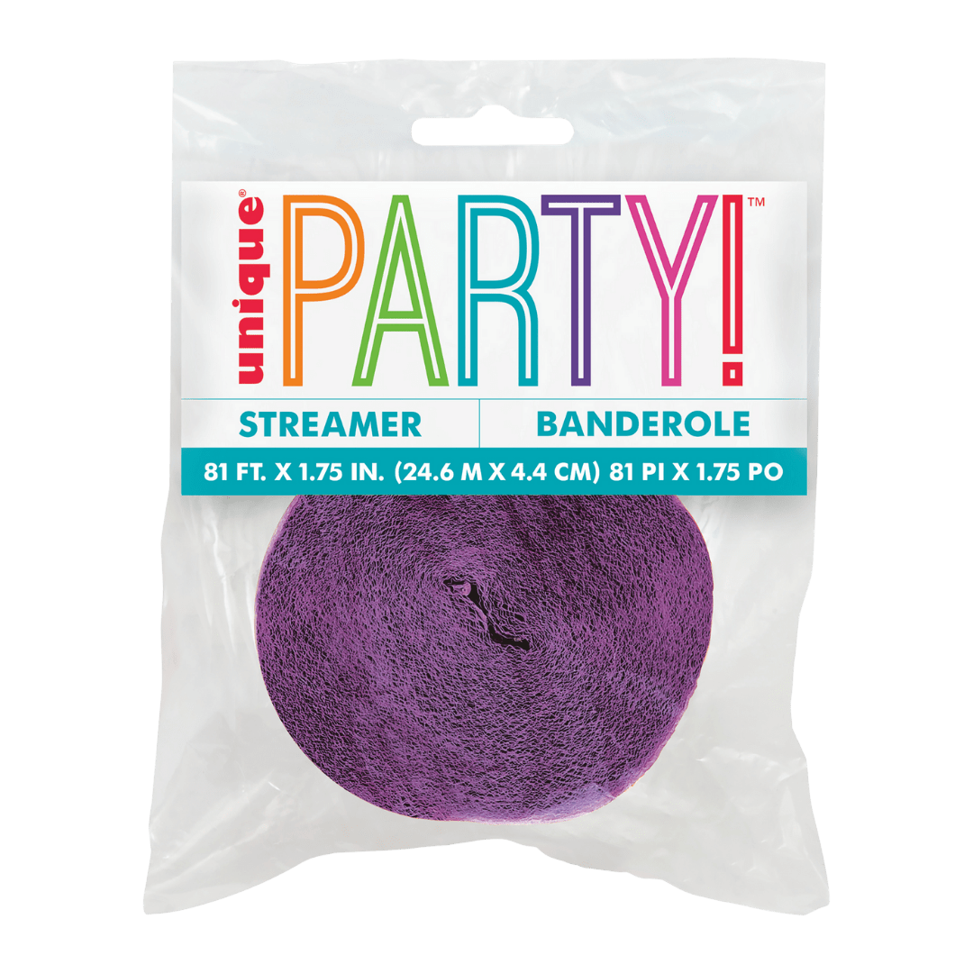 Purple streamer roll for celebration decor from Parte Haus party supply store in Bethesda Maryland