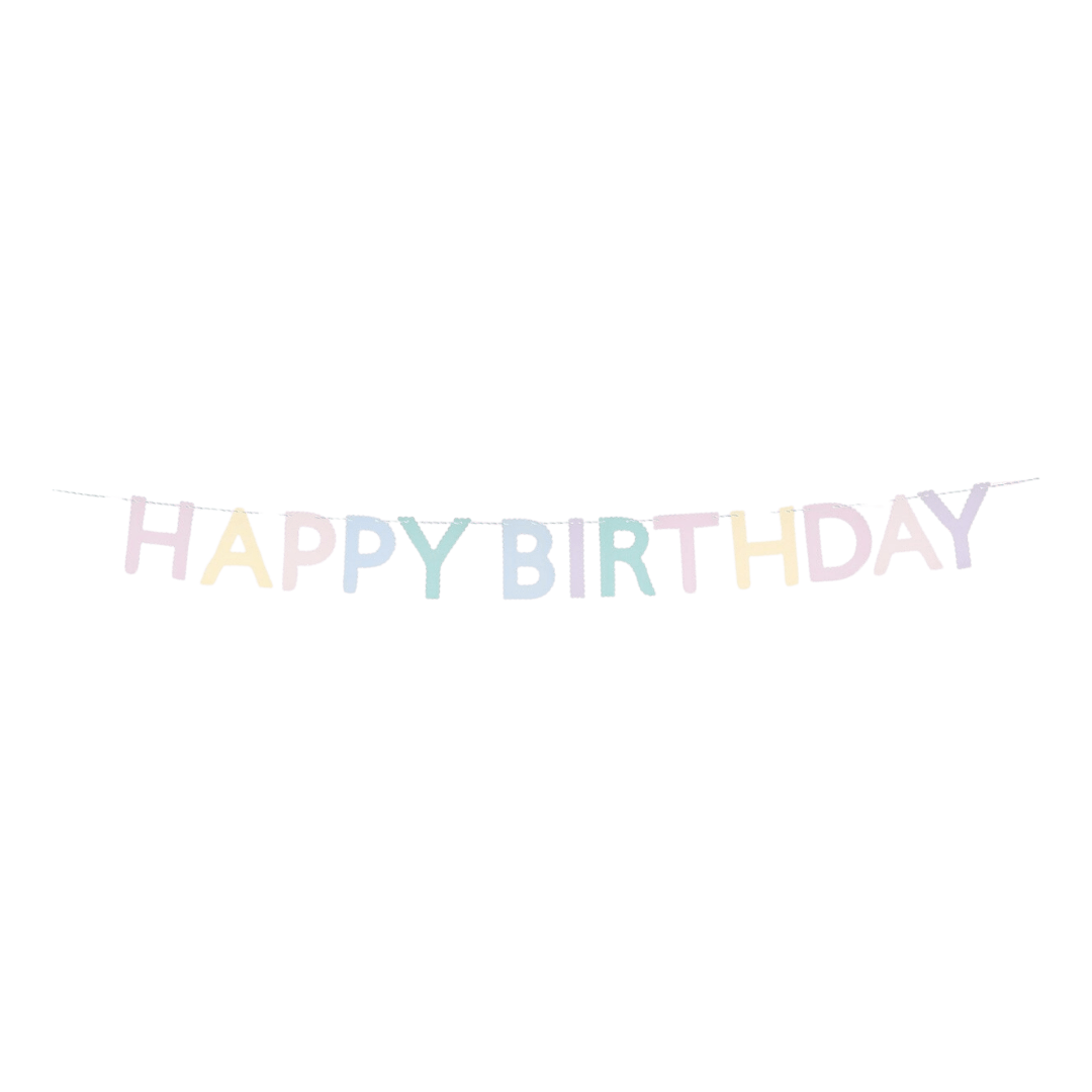 Pastel multicolor letter banner with happy birthday text for birthday theme from Parte Haus party supply store in Bethesda MD.