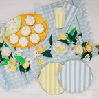 Yellow and blue striped plates spring floral picnic theme from Parte Haus party supply store in Bethesda MD