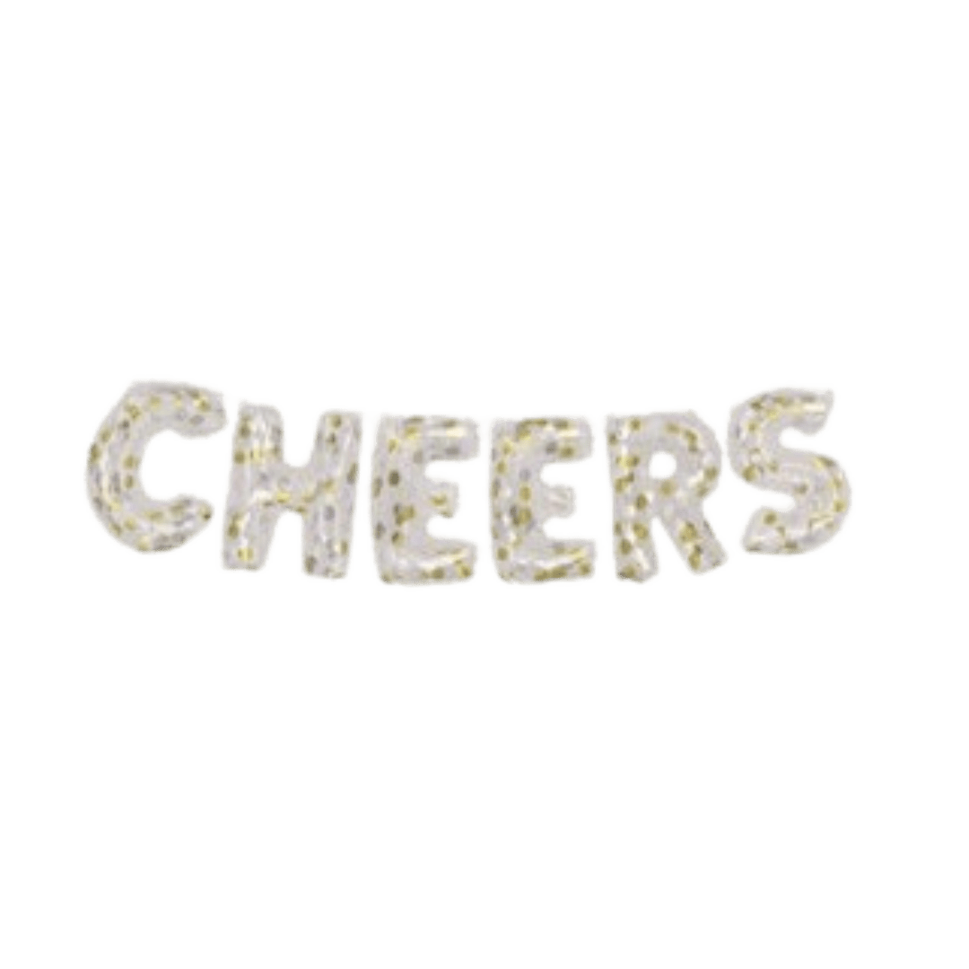 Gold and white cheers balloon letters festive decor for celebration from Parte Haus party supply store in Bethesda MD.
