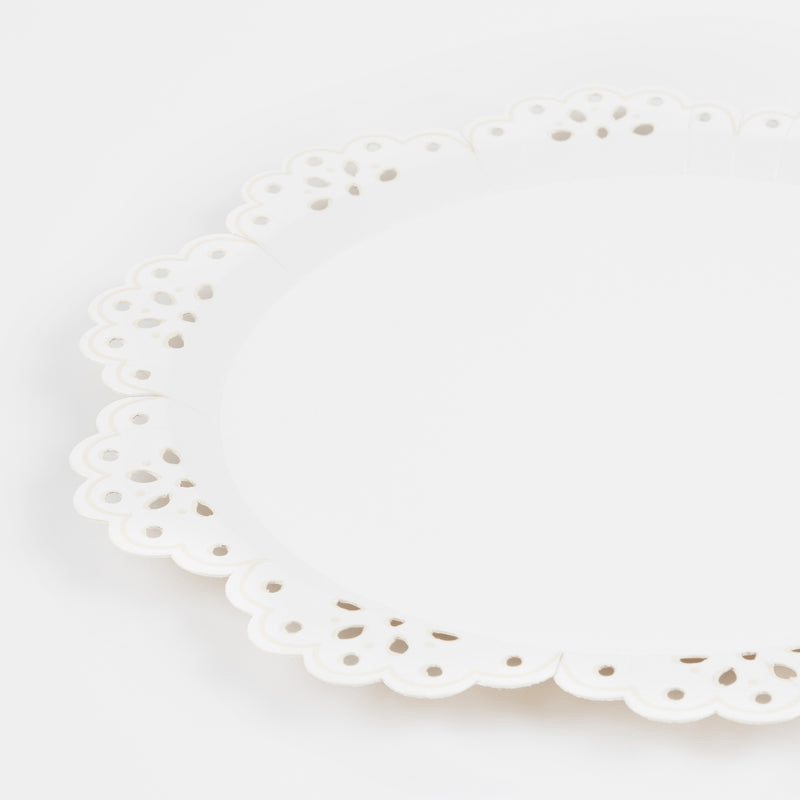 White scalloped edge paper plate with lace design for celebration from Parte Haus party supply store in Bethesda Maryland