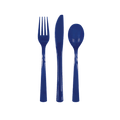 Navy blue plastic cutlery set with fork knife and spoon for birthdays from Parte Haus party supply store in Bethesda Maryland