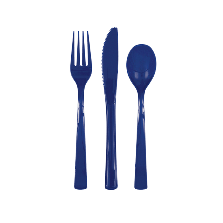 Navy blue plastic cutlery set with fork knife and spoon for birthdays from Parte Haus party supply store in Bethesda Maryland