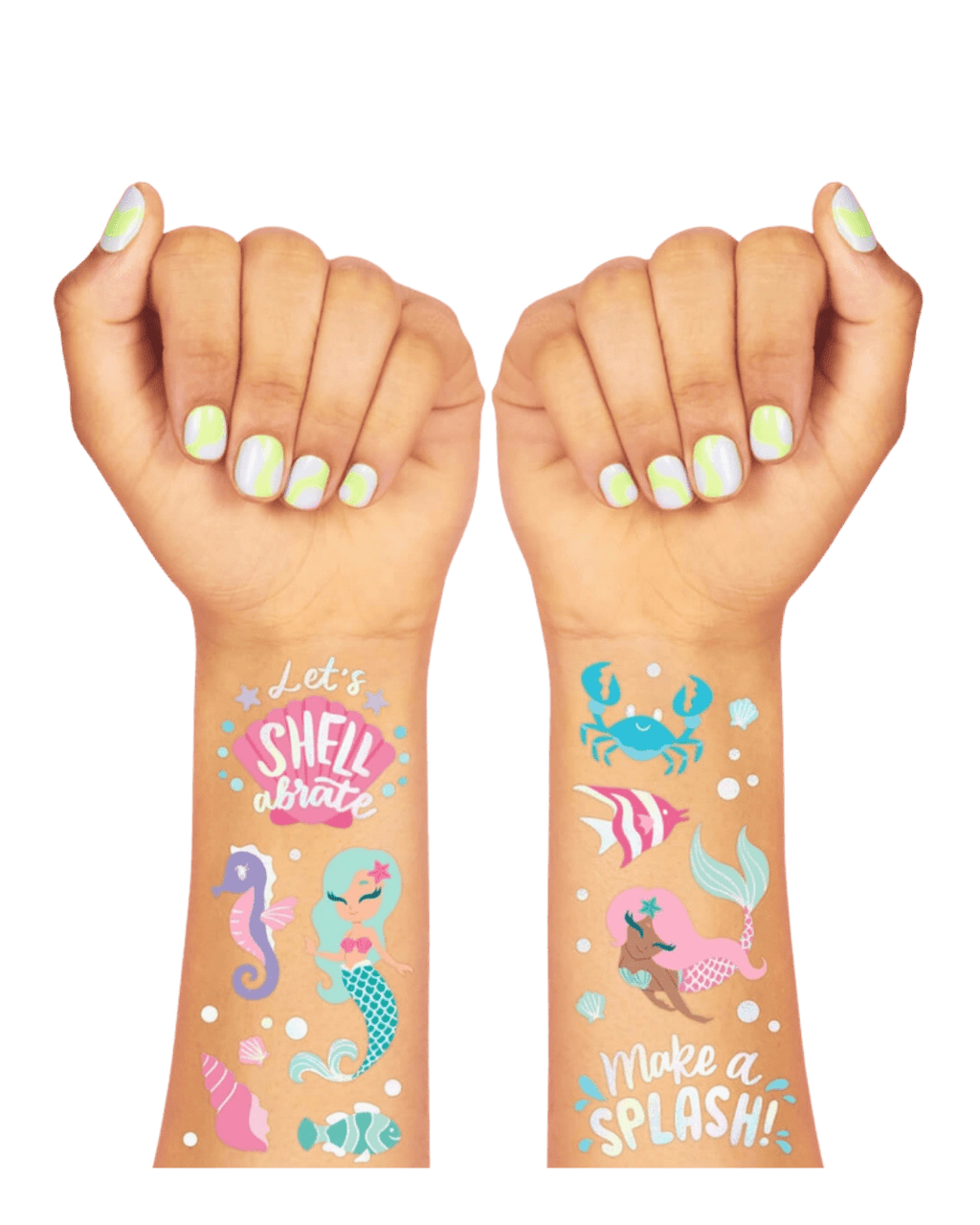 Blue and pink mermaid temporary tattoos with sea creatures for birthday from Parte Haus party supply store in Bethesda Maryland
