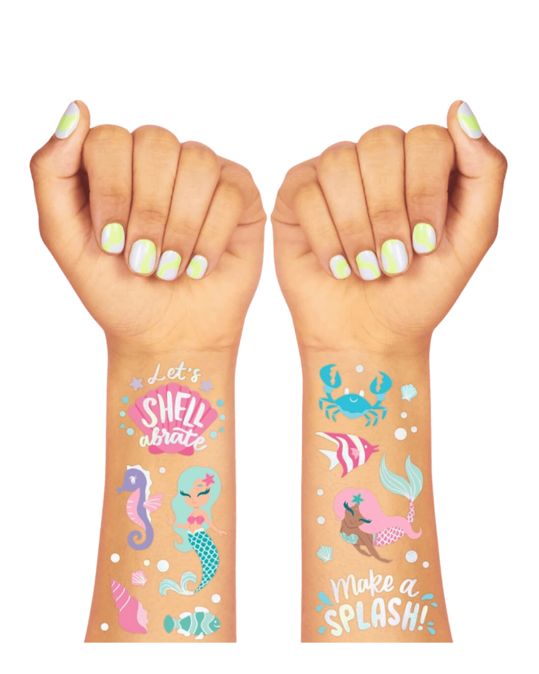 Blue and pink mermaid temporary tattoos with sea creatures for birthday from Parte Haus party supply store in Bethesda Maryland