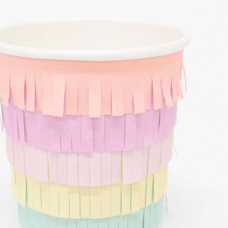 Pastel rainbow fringe cup decorative cup for birthday from Parte Haus party supply store in Bethesda Maryland