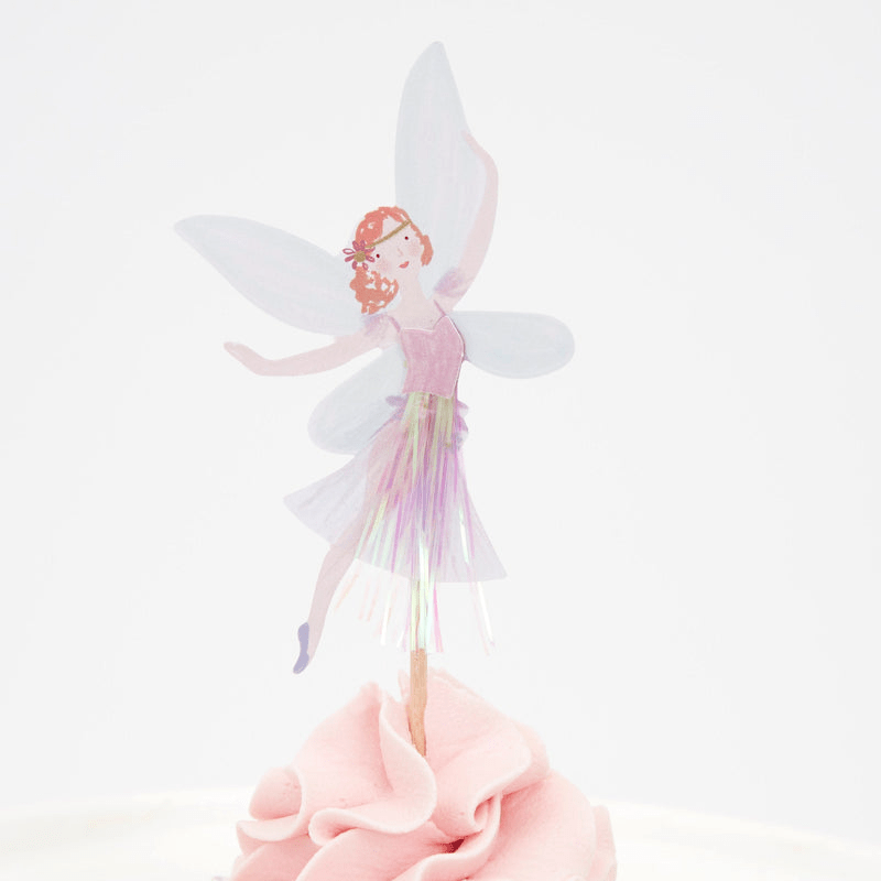 Pink fairy cupcake topper with iridescent skirt for birthday theme from Parte Haus party supply store in Bethesda Maryland