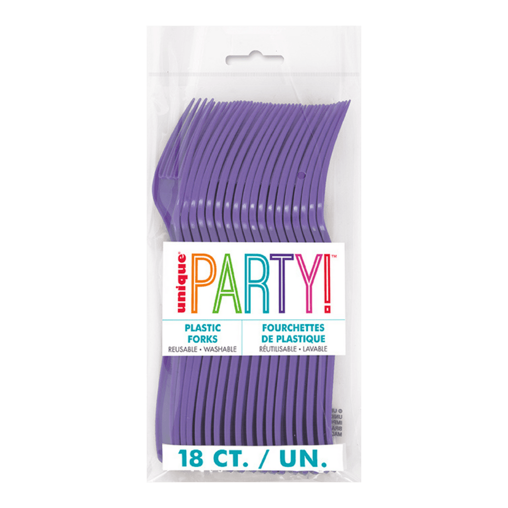 Purple plastic forks in a clear package for birthday from Parte Haus party supply store in Bethesda Maryland
