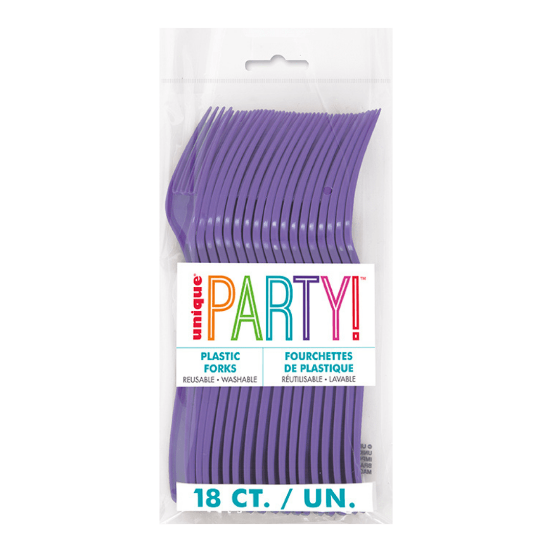 Purple plastic forks in a clear package for birthday from Parte Haus party supply store in Bethesda Maryland