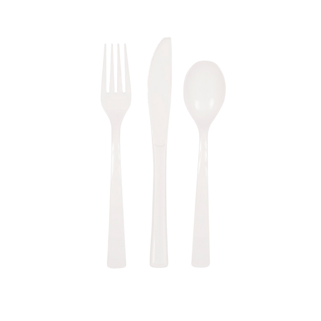 white plastic cutlery set with fork knife and spoon for celebrations from Parte Haus party supply store in Bethesda MD