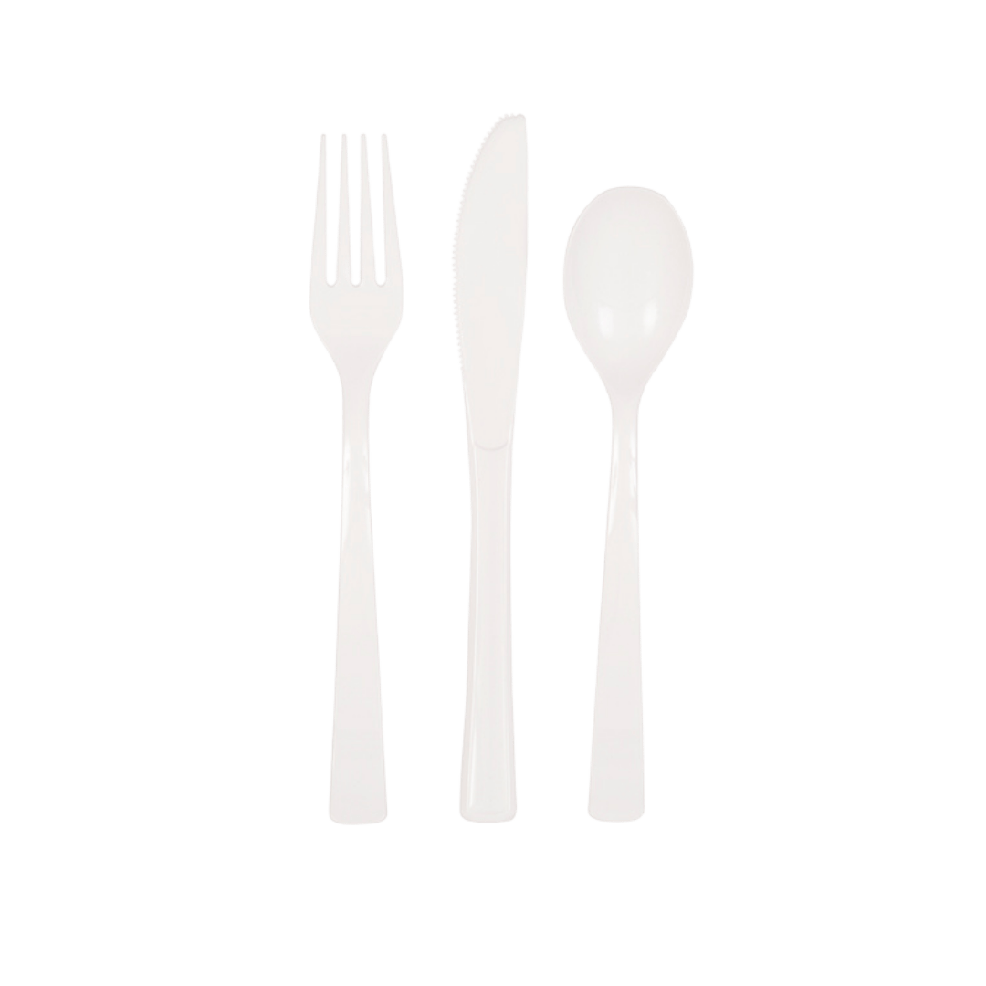 white plastic cutlery set with fork knife and spoon for celebrations from Parte Haus party supply store in Bethesda MD