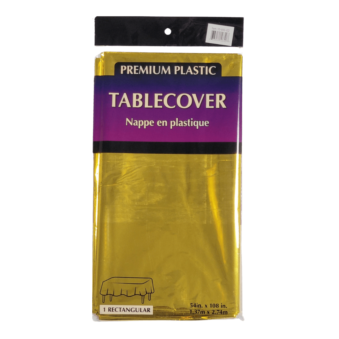 Gold plastic tablecover in rectangular packaging celebration theme from Parte Haus party supply store in Bethesda MD