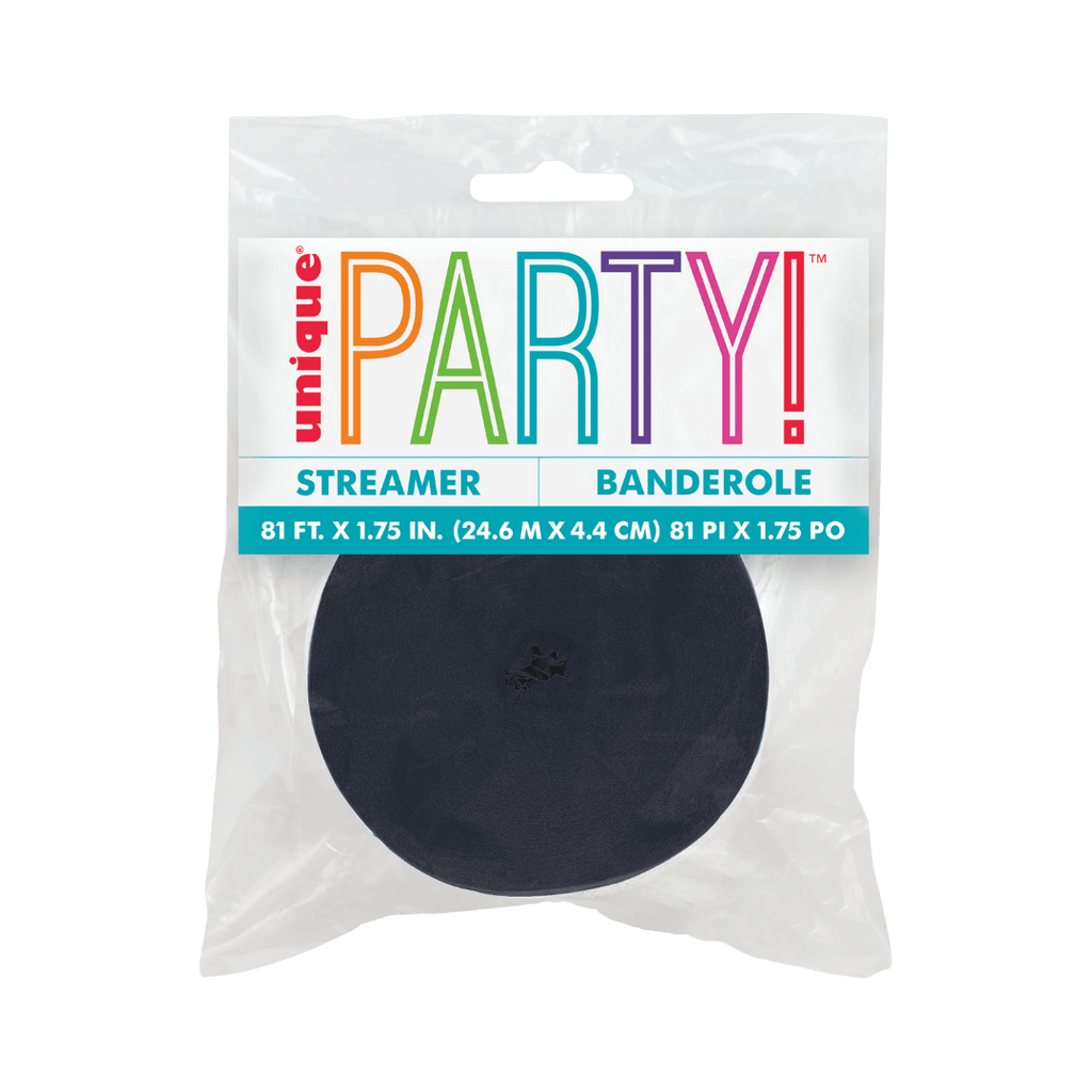 Black streamer classic roll for celebration decorations from Parte Haus party supply store in Bethesda MD.