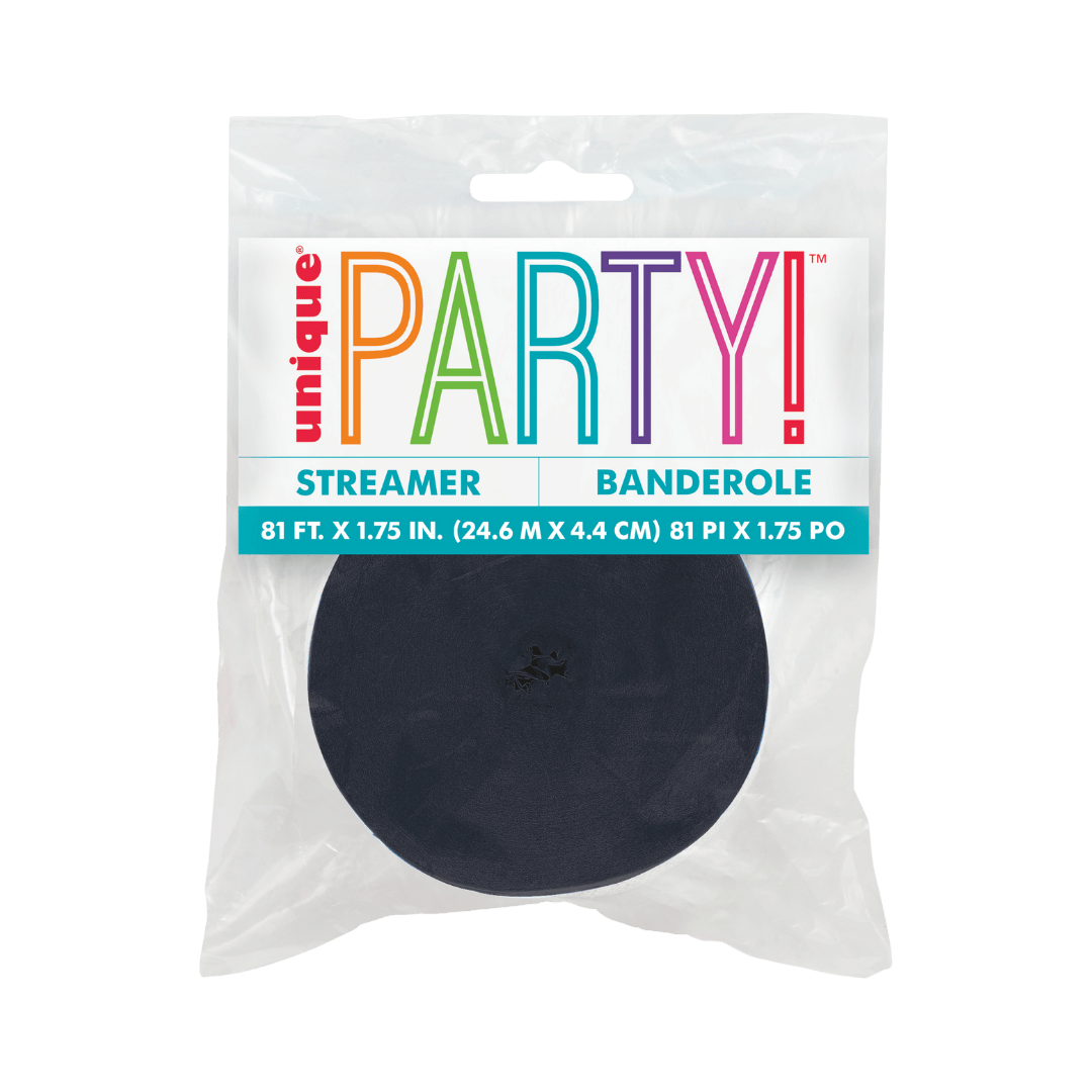 Black streamer classic roll for celebration decorations from Parte Haus party supply store in Bethesda MD.