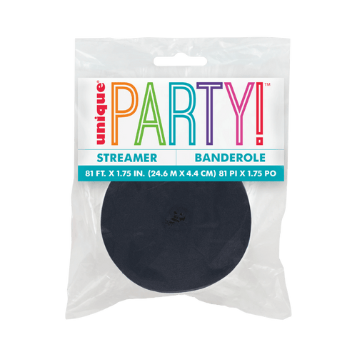 Black streamer classic roll for celebration decorations from Parte Haus party supply store in Bethesda MD.