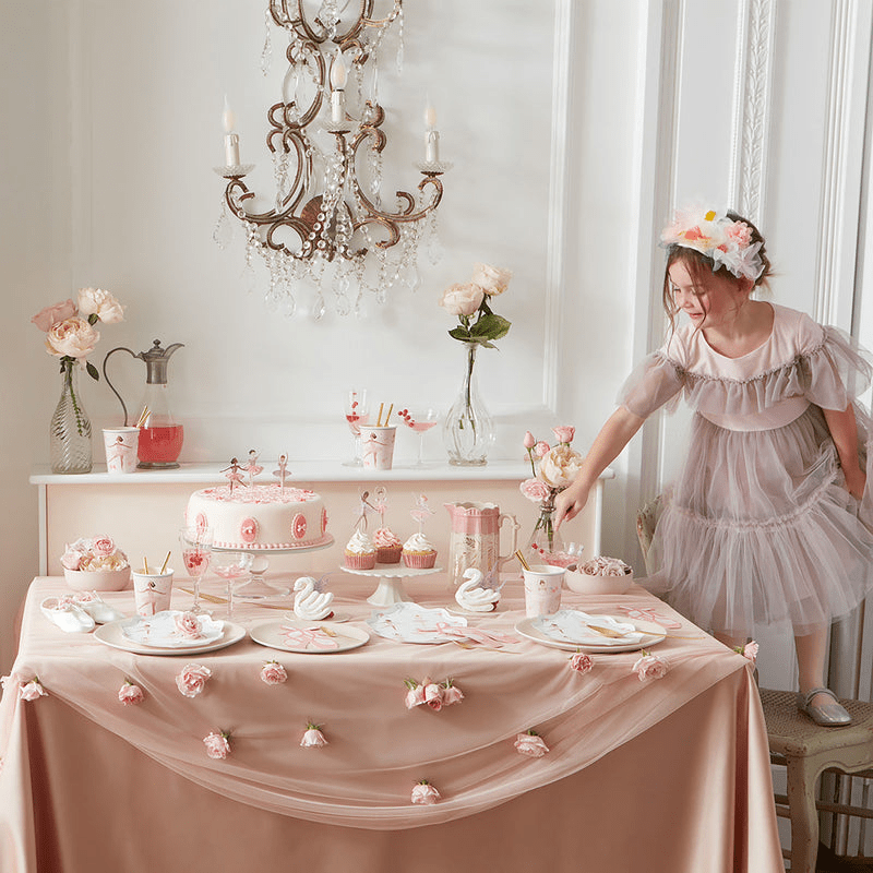 Pink ballerina birthday girl party table with cake and flowers from Parte Haus party supply store in Bethesda MD