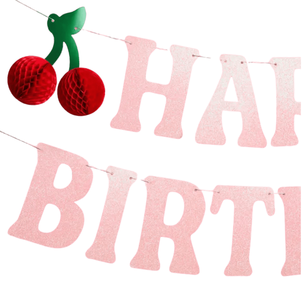 Pink cherry birthday banner with red honeycomb cherries birthday theme from Parte Haus party supply store in Bethesda Maryland