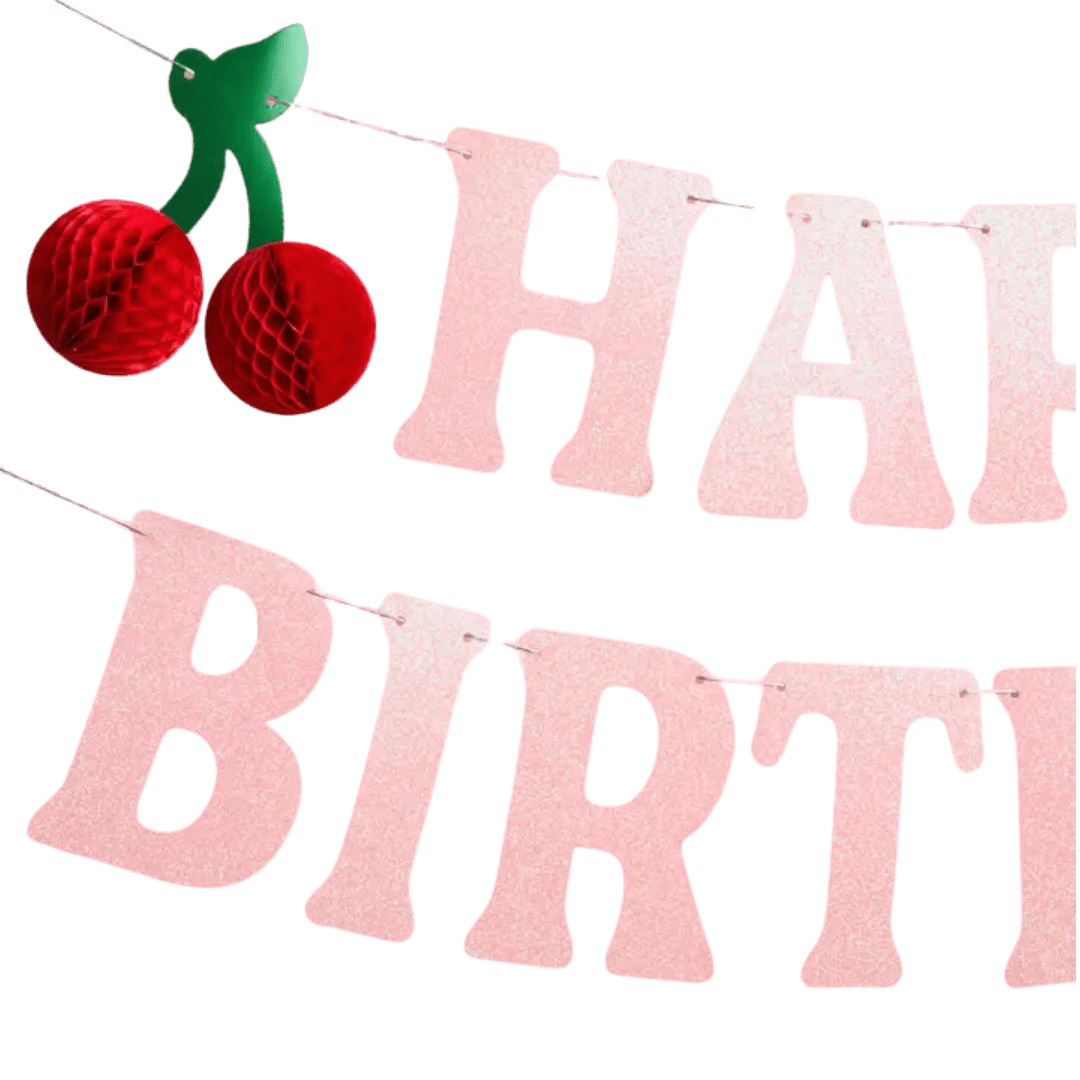 Pink cherry birthday banner with red honeycomb cherries birthday theme from Parte Haus party supply store in Bethesda Maryland